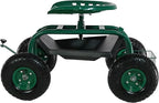 Sunnydaze Rolling Garden Cart with Seat - Garden Stool with Wheels and Adjustable 360-Degree Swivel Seat - Utility Tool Tray and Storage Basket - Green