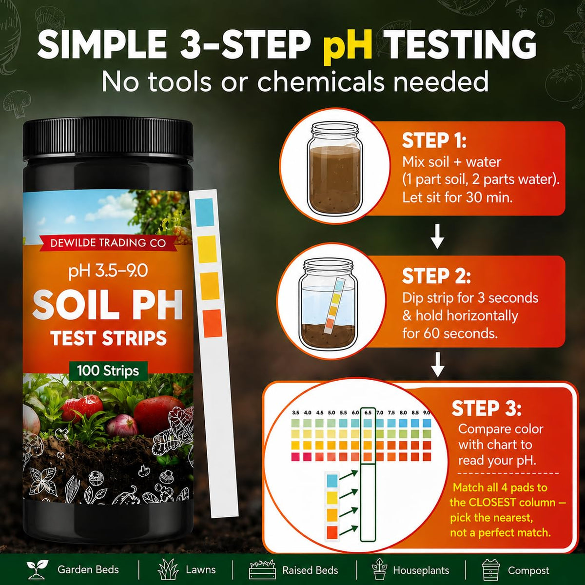 Soil Test Kit – 100 Soil pH Test Strips (3.5–9 Range) for Garden, Lawn & Indoor Plants – Easy At-Home Soil Testing