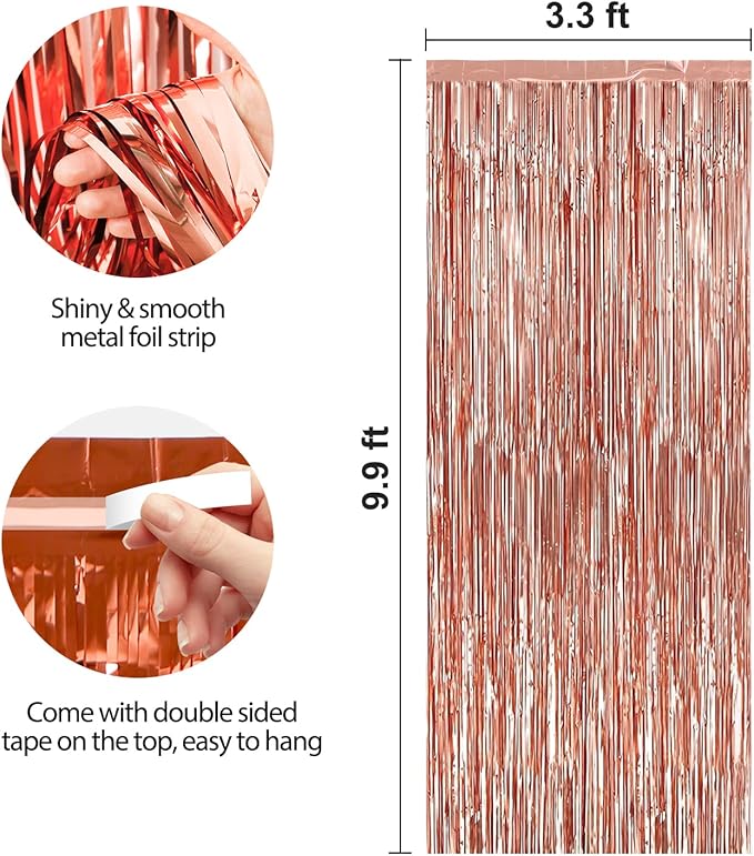 Crosize 2 Pack 3.3 x 9.9 ft Rose Gold Foil Fringe Backdrop Curtain, Streamer Backdrop Curtains, Streamers Birthday Party Decorations, Tinsel Curtain for Parties, Photo Booth Backdrops, Party Décor