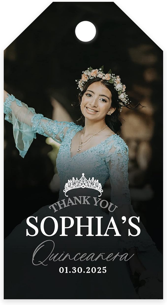 Andaz Press 40-Pack Personalized Quinceañera Favor Tags with String, Classic Thank You Gift Tags with Custom Photo Crown for Quince Años XV 15th Birthday Favor Gifts, Quinceanera Decorations
