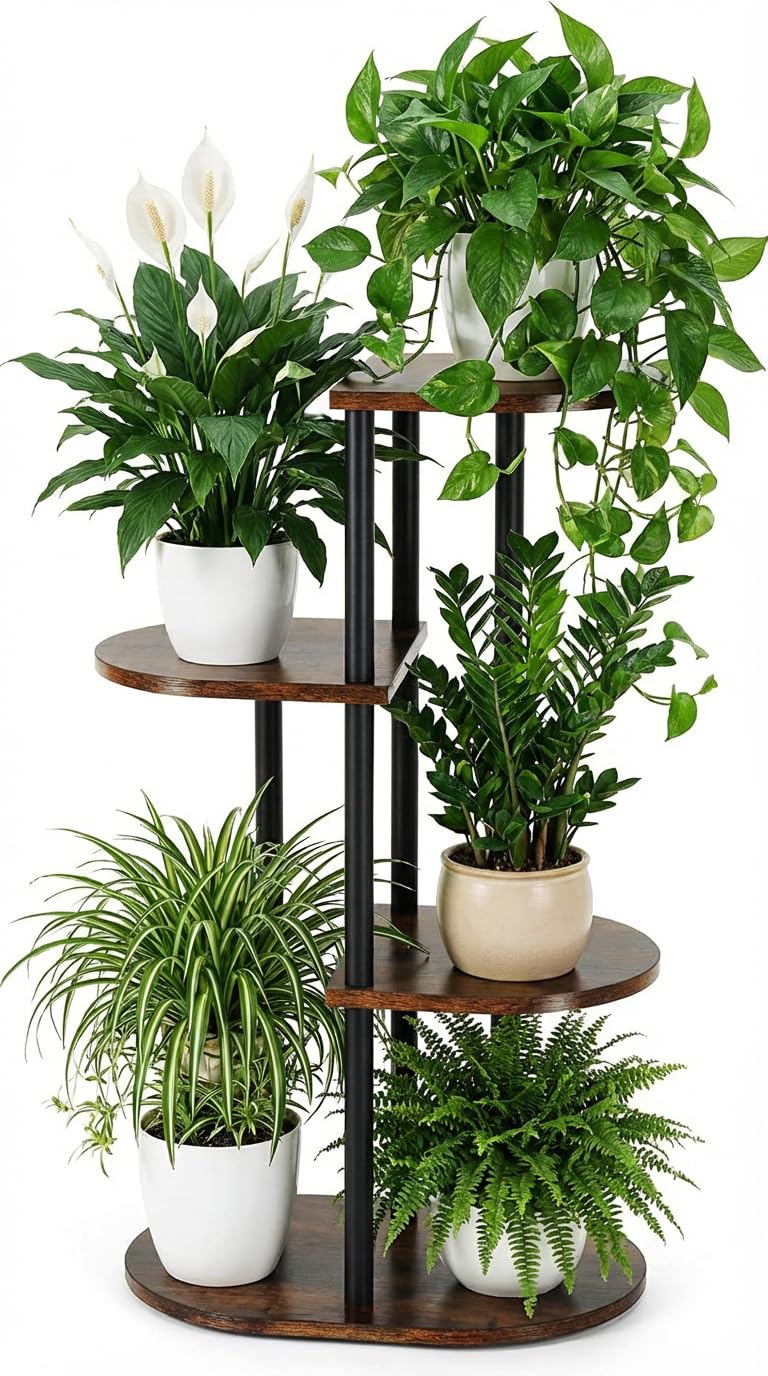 Korrie Home Tiered Plant Stand Indoor, Tall 4 Tier 5 Potted Wooden Plant Shelf for Multiple Flower Plants, Multi Corner Metal Plant Holder Indoor for Patio Garden Patent Design Living Room Balcony Bedroom, Rustic Brown