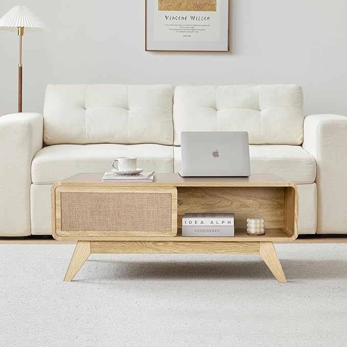 AVZEAR Boho Modern Coffee Table with Storage for Living Room, Wood Coffee Table with Nature Linen Doors, Curved Edge Center Table Farmhouse Coffee Tables for Living Room, Natural Color