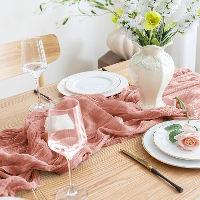 Asee'm Cheesecloth Table Runner 120 Inches Dark Rose Boho Gauze Cheese Cloth Runner 10FT Rustic Sheer Fall Table Runners for Thanksgiving Wedding Baby Shower Holiday Party Decoration