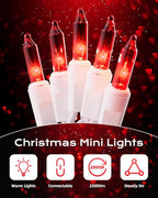 Brightown Red Mini String Lights, 100-Count 26.5ft Incandescent Bulb Valentine's Day Fairy Lights for Indoor Holiday Decoration, Christmas Tree Garland Wedding Party Multi-Use, White Wire