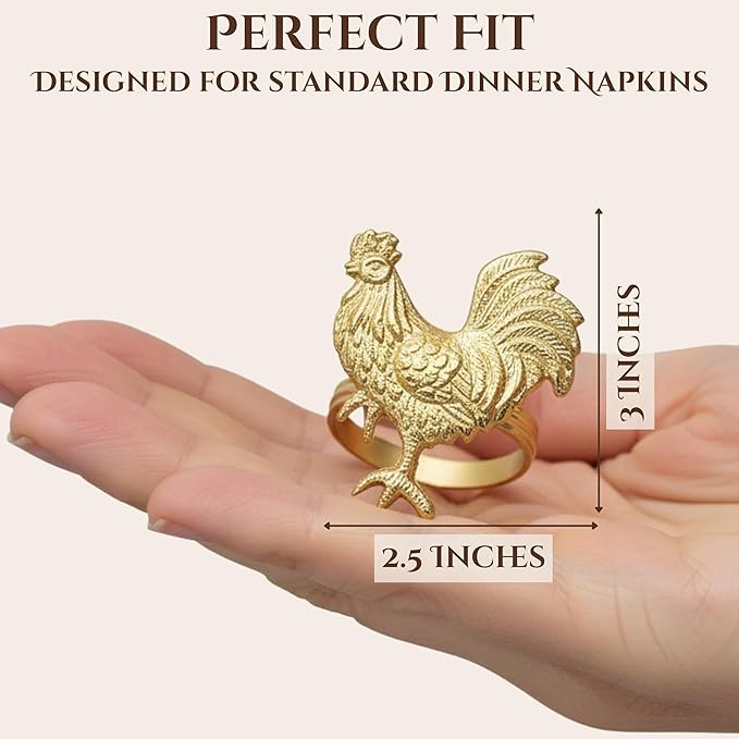 Set of 12 Rooster Napkin Rings for Farmhouse Table Decor | Premium Metal Chicken Dinnerware Holders | Rustic Kitchen & Holiday Party Table Setting (Gold) - ALPHA Living HOME