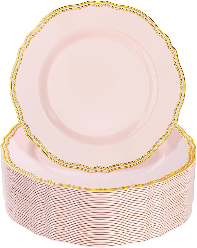 Hioasis 60pcs Pink Plastic Plates - Pink and Gold Disposable Dinnerware with Gold Rim, Heavy-duty, 7.5 inch, Dessert Plates for Party & Wedding