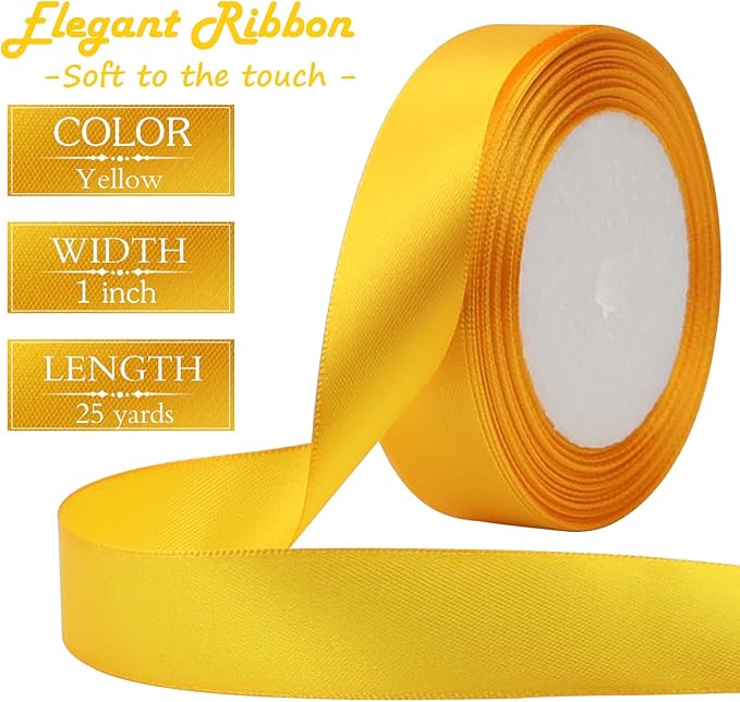 Yellow Solid Satin Ribbon 1 Inch 25 Yards Solid Polyester Fabric Ribbon for Gift Wrapping Wedding Christmas Baby Shower Birthday Party Decoration Handmade Immortal Flower Craft