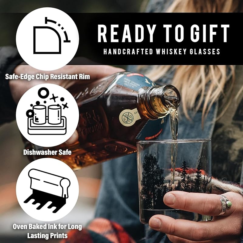 Black Lantern Whiskey Glass Set - Forest Landscape Old Fashioned Low-Ball Glasses - Drinking Glasses - Rock Glasses and Kitchen Glasses for Nature Lovers - Two Premium 11oz. Glasses
