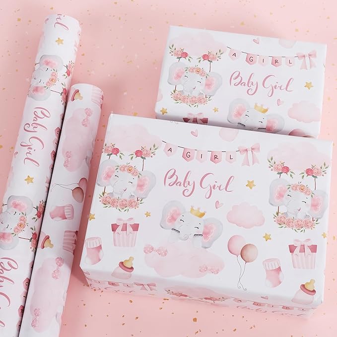 Aimyoo Pink Baby Shower Wrapping Paper Roll - 17 Inch X 16.5 Feet - Cute Elephant with Baby Girl Letter Design Perfect for Girls, Birthday, Party