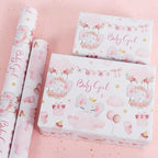 Aimyoo Pink Baby Shower Wrapping Paper Roll - 17 Inch X 16.5 Feet - Cute Elephant with Baby Girl Letter Design Perfect for Girls, Birthday, Party
