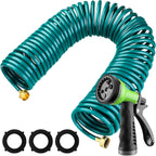 Pangda 100 Ft x 3/8'' Coil Garden Hose EVA Recoil Garden Self Coiling Expanding Water Hose with 6 Function Spray Nozzle Universal 3/4'' Brass Connector Fitting for Outdoor Yard(Green)