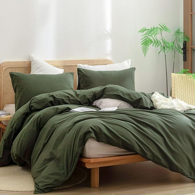 BESTOUCH Duvet Cover Set 100% Washed Cotton Linen Feel Super Soft Comfortable Chic Lightweight 3 PCs Home Bedding Set Solid Olive Green Oversized Full