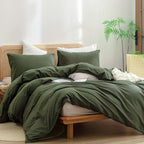 BESTOUCH Duvet Cover Set 100% Washed Cotton Linen Feel Super Soft Comfortable Chic Lightweight 3 PCs Home Bedding Set Solid Olive Green Oversized Full