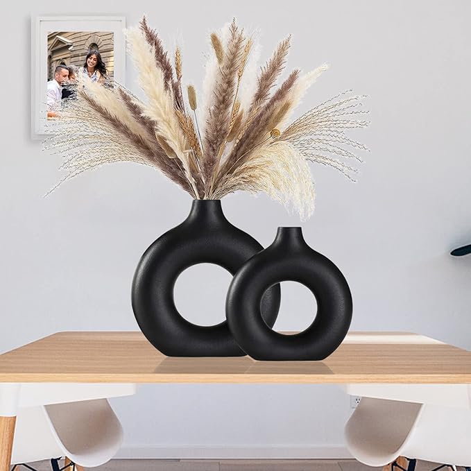 Black Ceramic Vase Set of 2 for Modern Boho Decor,Round Matte Pampas Flower Vases Minimalist Nordic Boho Ins Style for Wedding Dinner Table Party Living Room Office Bedroom, Decorative Gift