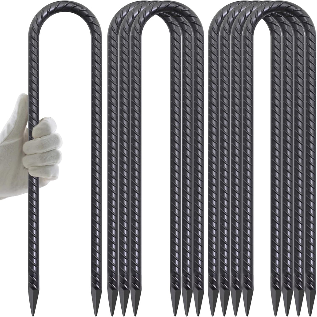 AAGUT 16 Inch 8 Pcs Rebar Trampoline Stakes 3/8" Extra Heavy Duty Metal Steel High Wind Ground Anchors Galvanized U Shaped Hook for Camping Tent Round Chisel Point End Black Powder Coated