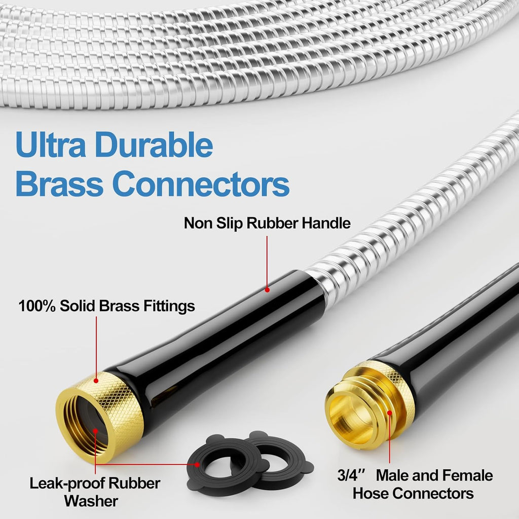 SPECILITE 150 FT Garden Hose, 304 Stainless Steel Metal Heavy Duty Flexible Water Pipe, Kink Free, Durable, Lightweight for Yard, Outdoor with Rubber Grip