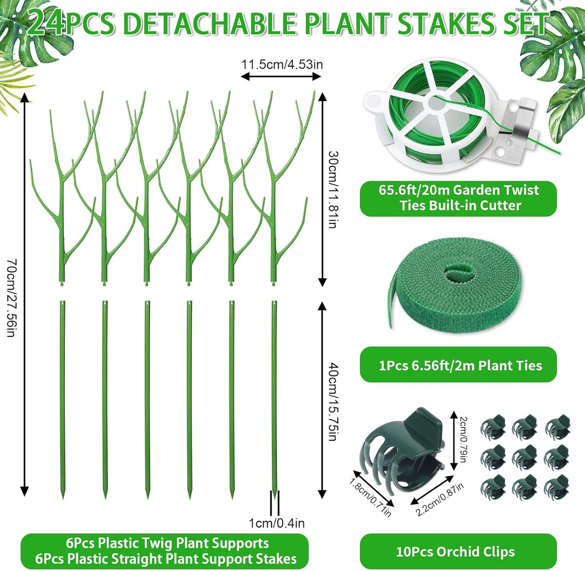 6 Pack 27.56" Detachable Twig Plant Support Stakes Set, Blends in to Plant, Branch Plant Sticks with Orchid Clips Twist Plant Ties, Twig Trellis for Indoor Outdoor Plants Potted Plants Flower