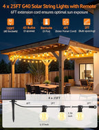 100FT(4x25FT) Solar String Lights Outdoor with Remote, Waterproof Dimmable 3 Modes Patio Light with 40+3 LED G40 Bulbs for Camping Porch-Black