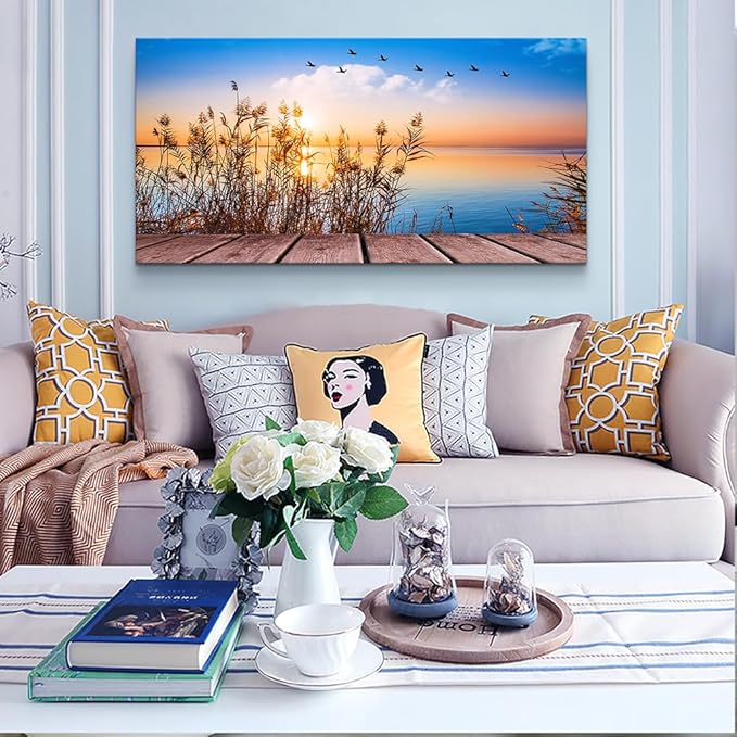 Wapluam Canvas Wall Art For Living Room Large Wall Decor For Office Bedroom Wall Decorations Blue Ocean Seascape Pictures Artwork Sun Seaview Poster Wall Painting Prints Works Home Decor 48 X 24 in