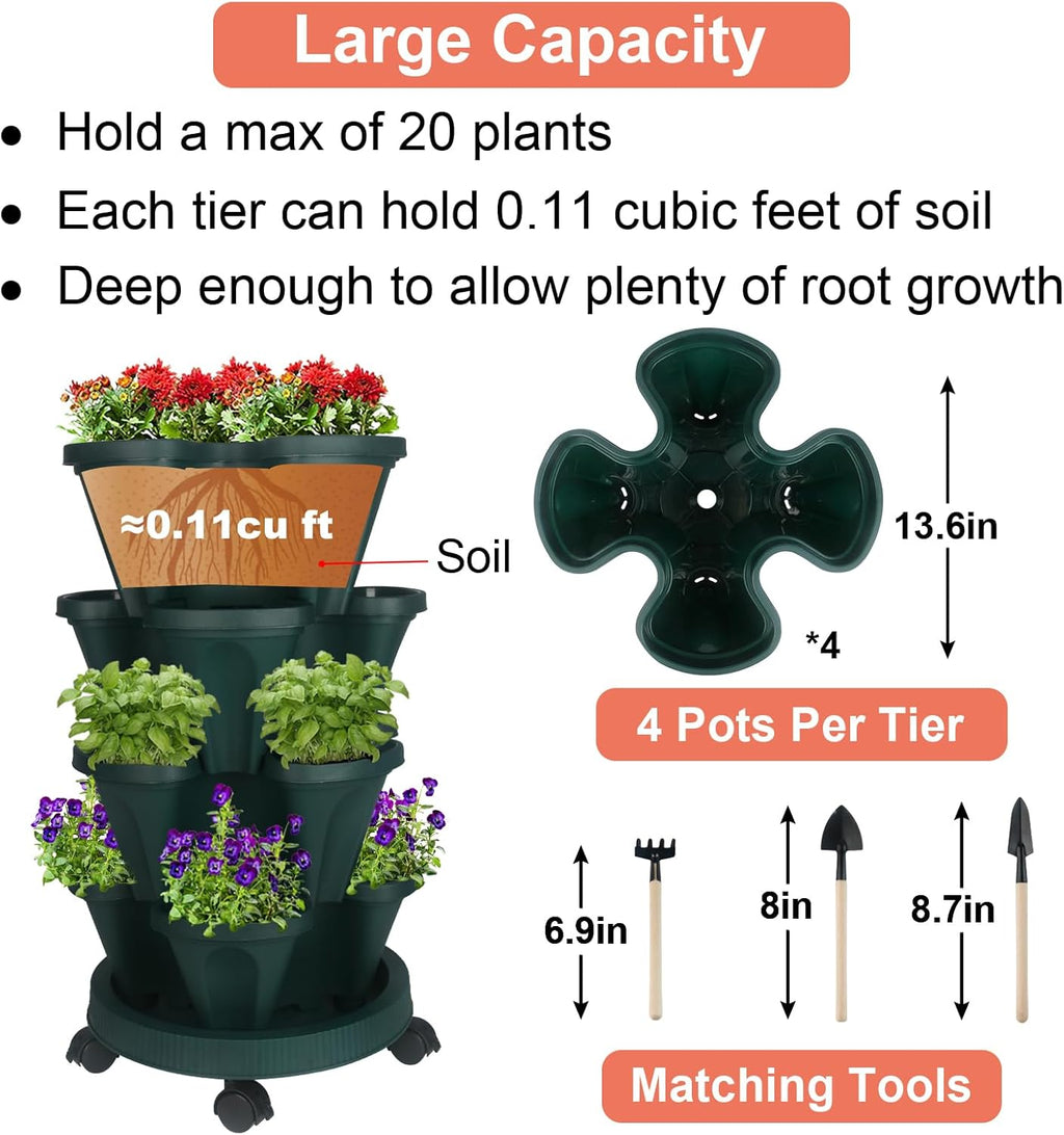 Vertical Planter 4 Tier Stackable Planters Garden Planters Strawberry Herb Flower and Vegetable Planter Indoor Outdoor Gardening Pots with Removable Wheels and Tools