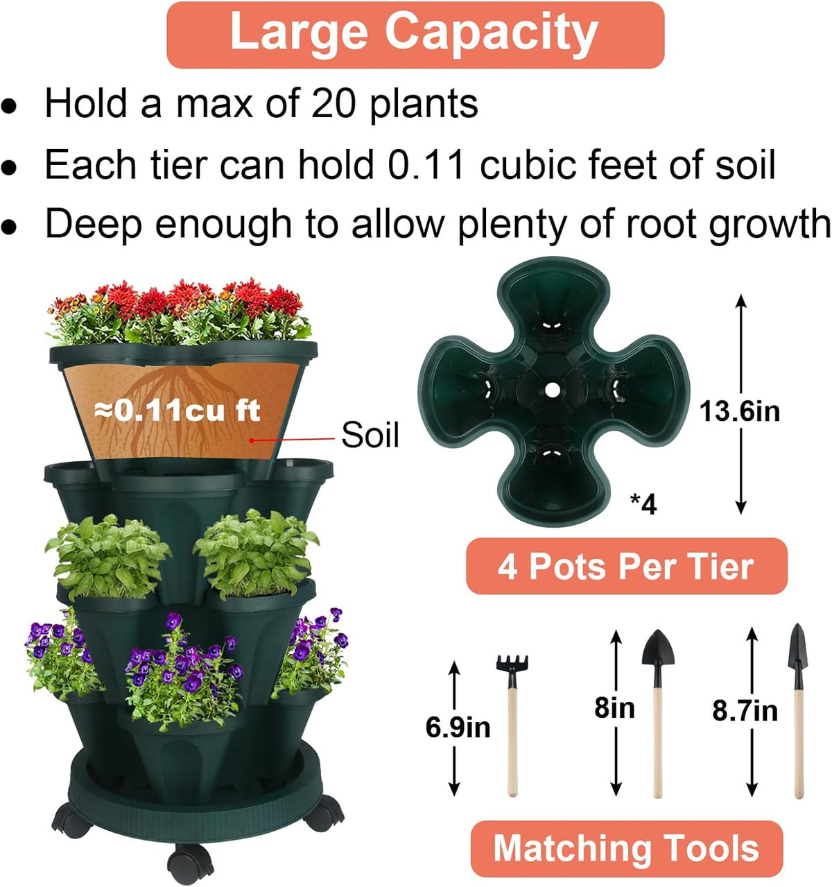 Vertical Planter 4 Tier Stackable Planters Garden Planters Strawberry Herb Flower and Vegetable Planter Indoor Outdoor Gardening Pots with Removable Wheels and Tools 2-Pack