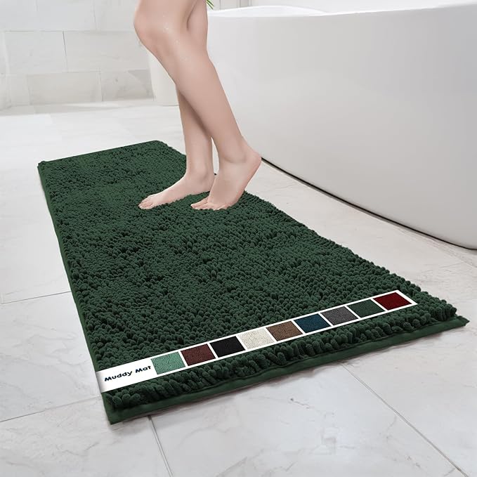 Muddy Mat Chenille Bathroom Rugs Quick Dry Microfiber Mats Non Slip Washable, Extra Thick, Soft and Highly Absorbent Bath Mats for Bathroom, Kitchen, and Shower Floor - Dark Green Runner 59"X24"