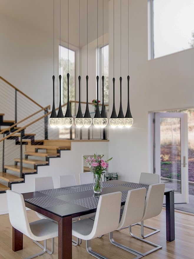 Rectangular Chandeliers for Living Room Black Dining Room Lights Fixture Raindrop Pendant Lights Kitchen Island Crystal Chandelier for Staircase Hallway Foyer Entryway