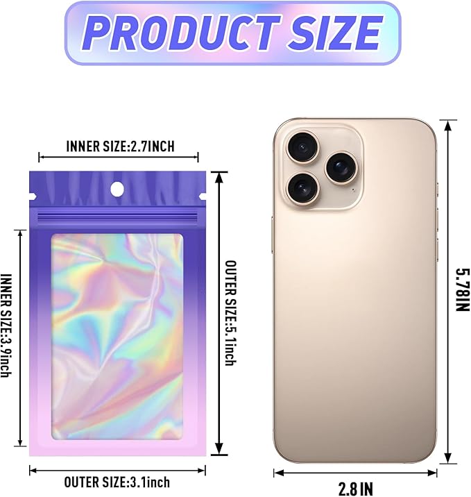 Funfery 100 Pack Holographic Bags,Mylar Resealable Bags with Zipper,Clear Window Packaging Pouch,Foil Bag for Food Storage,Sample Jewelry Baggies(3.1×5.1in,Purple Pink)
