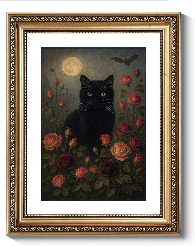 VIYYIEA Vintage Gold Framed Wall Art for Living Room, Black Cat Artwork Prints Decor, Gothic Magicalism Wall Decor, Gallery Picture Painting, for Bedroom Bathroom Kitchen 16L x 13W