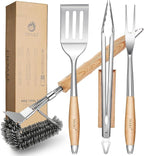 TIVOLI 4PCS Grilling Accessories, Heavy Duty BBQ Tool Set with Stainless Steel Spatula, Tongs, Fork, Cleaning Brush, Wood Handles Barbecue Utensils Kit for Outdoor, Perfect Grill Gifts for Dad Men