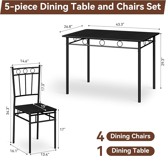 Kitchen Dining Table Set for 4, 5-Piece Kitchen Table Set,Dining Room Table Sets,Rectangular Kitchen Table Set with 4 Chairs for Small Space, Dinette,Apartment,Rustic Black