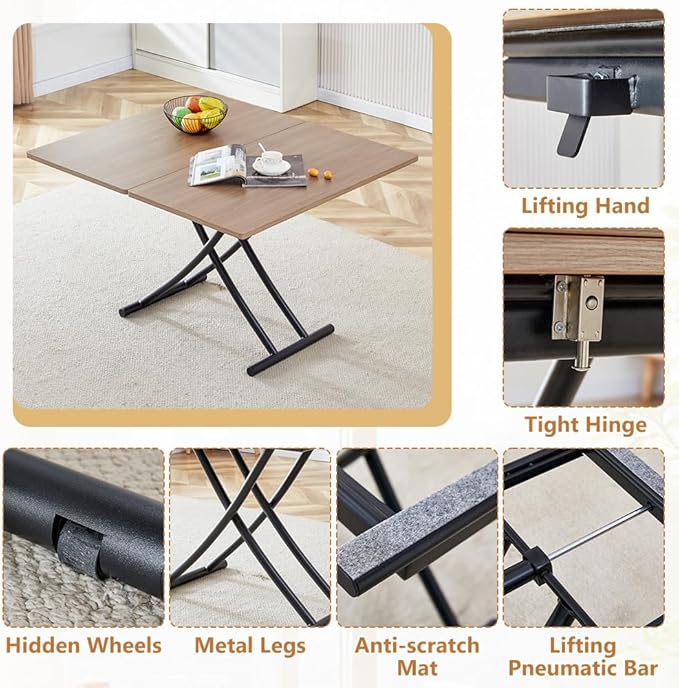 4 in 1 Folding Dining Table with Adjustable Lift Top & Wheels, Multi-Function Coffee Table to Dining Table for Apartments, Kitchens, Living Rooms, Scratch-Resistant & Easy Assembly