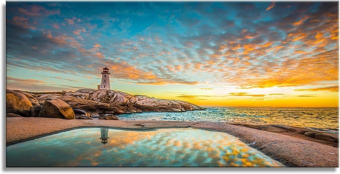 YYYYHPP YP1875 Canvas Prints Wall Art Peggy's Cove Lighthouse Sunset Ocean View Landscape Nature Pictures Stretched Canvas Wooden Framed for Living Room Bedroom and Office Wall Decor