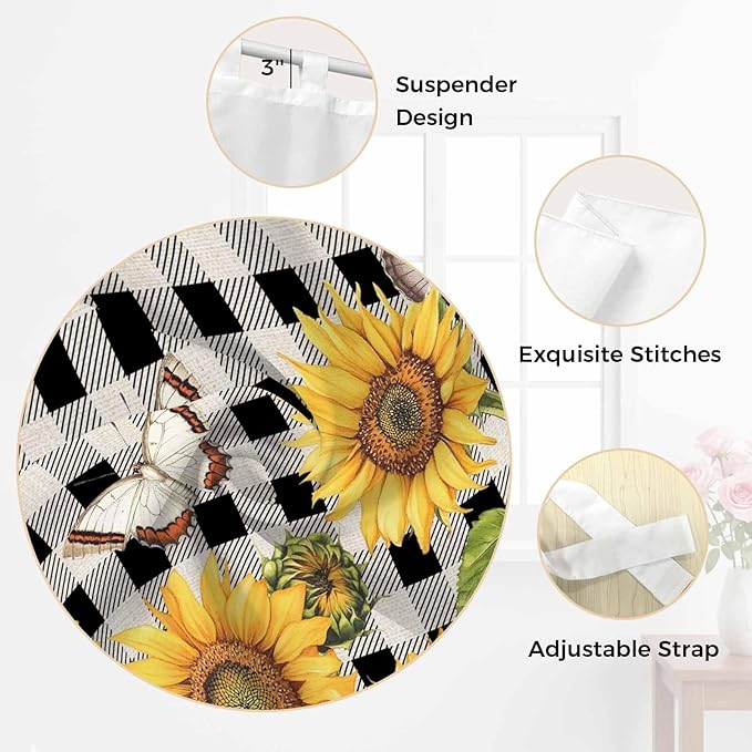 Sunflowers Living Room Curtains 96 Inch Length, Window Curtains Tab Top, Yellow Flowers Butterfly Farmhouse Black Plaid Light Filtering Window Treatments Drapes 52"x96" 2 Panel