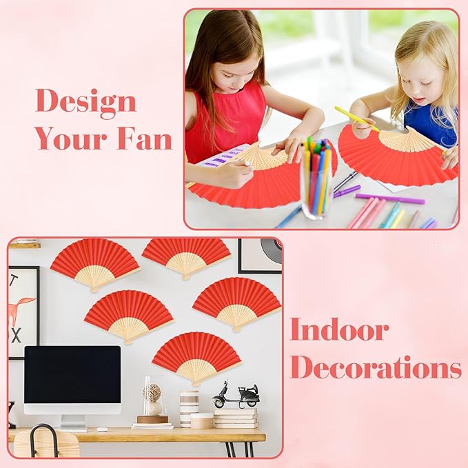6 Pieces Red Hand Held Bamboo Folding Fans Foldable Paper Fans Handheld for Women Girls Wedding DIY Decoration Church Home Party Favors Summer