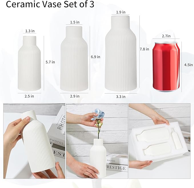 Ceramic Vase Set of 3, White Vase for Modern Home Decor, Decorative Vases for Bouquet Pampas Grass Dried Flowers, Living Room, Bedroom, Bathroom, Shelf Centerpiece Table Decorations