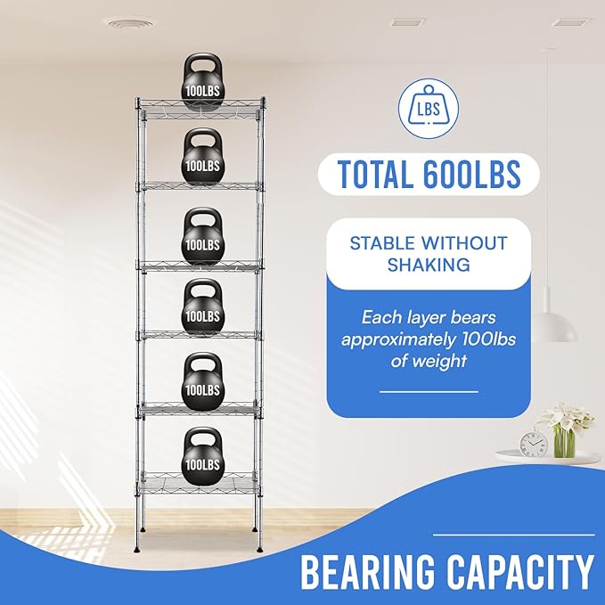 PayLessHere 6-Tier Adjustable Metal Storage Shelves - Max Load Capacity 600 lbs - Easy Assembly - 12" W x 17" D x 64" H NSF Certified - Versatile for Various Uses,Chrome