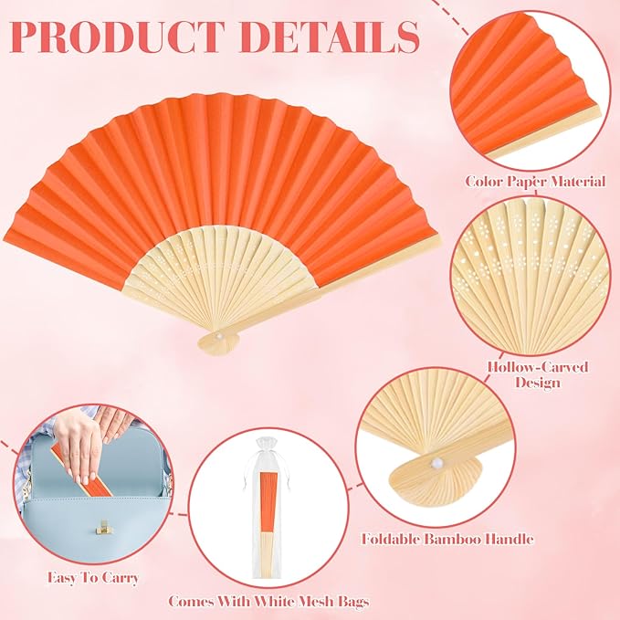 12 Pieces Orange Hand Held Bamboo Folding Fans Paper Fans Handheld for Women Foldable Girls Wedding DIY Decoration Church Home Party Favors Summer