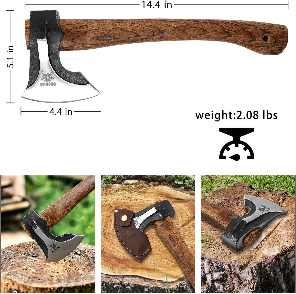 Camping Hatchet, 14.2-inch Splitting Axe with Leather Sheath, Chopping Axe 1065 High Manganese Steel and Hickory Handle
