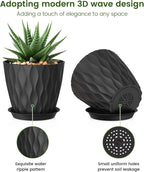 5 inch Plant Pots for Indoor Outdoor Plants, 6 Pack Thick Nursery Pots with Drainage Holes and Saucers, 3D Modern Wave Texture Small Plastic Planter Flower Pots for Succulent, Herb, Black