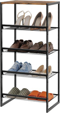 Garden 4 you 5 Tiers Narrow Shoe Rack,Small Space Freestanding Shoe Storage Organizer with Brown Wooden Tabletop,Adjustable Metal Shelf Stackable Shoe Shelf for Entryway Hallway Living Room Closet