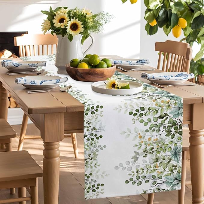 Sage Green Eucalyptus Cotton Linen Table Runner for Dining Kitchen, Farmhouse Leaves Wedding Outdoor Party Tablerunners Decoration Botanical Floral Dresser Scarf Coffee Tablecloth Runners 13x72 Inches