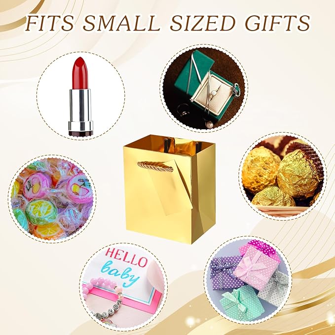 Sherr 100 Pack Mini Gift Bags Bulk, 4 x 2.75 x 4.5 Inches Paper Bags with Tags, Extra Small Paper Gift Boxes with Handles for Birthday, Party Favors, Weddings, Small Business(Gold)