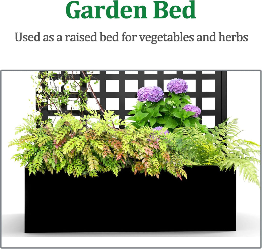 Metal Raised Garden Bed with Trellis, 2 in 1 Trellis with Planter Box & Privacy Screen for Climbing Plants, Vine, Outdoor Standing Flower Beds with Drainage Holes, 35.4"L x 16.7"W x 70.8"H, Black