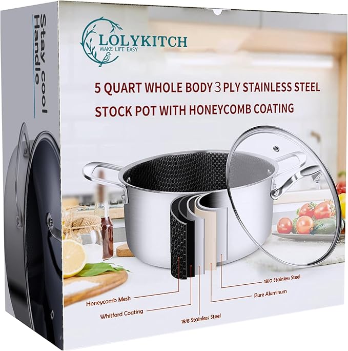 LOLYKITCH 5 QT Tri-Ply Hybrid Stainless Steel Non Stick Stock Pot with Lid,Induction Cooking Pot,Dishwasher and Oven Safe