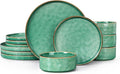 LIANYU Dinnerware Sets for 4, 12 Piece Plates and Bowls Dish Set, Stoneware Dishware Dinner Ware for Kitchen Dining, Microwave & Dishwasher Safe, Emerald Green