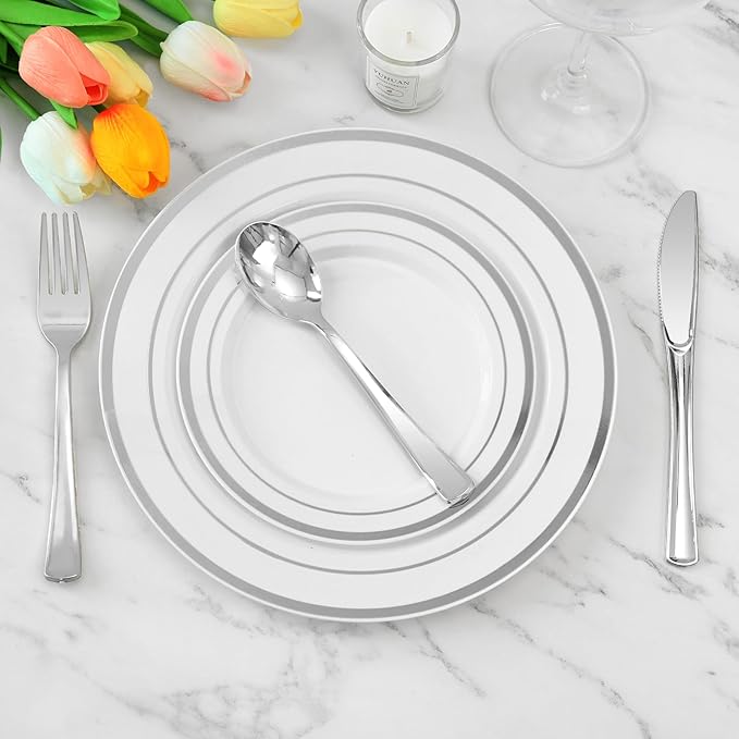 BESTVIP 50 Pack 6.9 Inch Silver Plastic Spoons, Heavy Duty Plastic Silverware, Heavyweight Silver Disposable Spoons, Disposable Serving Utensils for Catering, Parties, Dinners, Weddings, Christmas