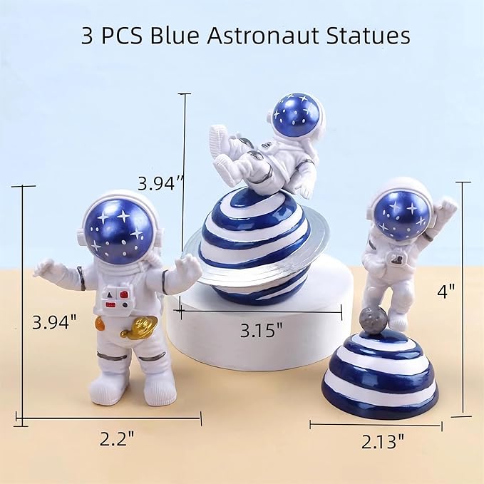 Blue Astronaut Statues Set of 3, Outer Space Theme Figurines Planet Nursery Classroom Bedroom Decor Cake Toppers