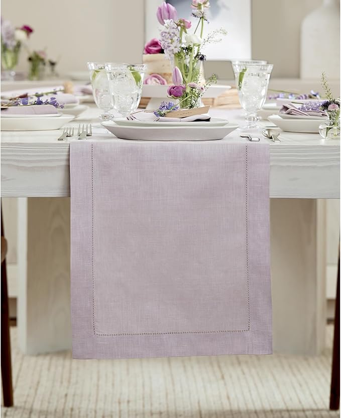 Solino Home Linen Lilac Table Runner 72 Inches Long - 100% Pure Linen Hemstitch Table Runner 14 x 72 Inch for Dresser, Dining, Fall, Autumn, Thanksgiving, Christmas - Classic Hemstitch