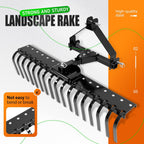 KUAFU 50" 3 Point Landscape Rake for Category-0 Cat-0 Tractor with 360 Degree Rotation, Replaceable Spring Tines and Pin Hith, Rock Attach Rake Tow Behind Dethatcher for Lawn, Garden, Farm, Grass